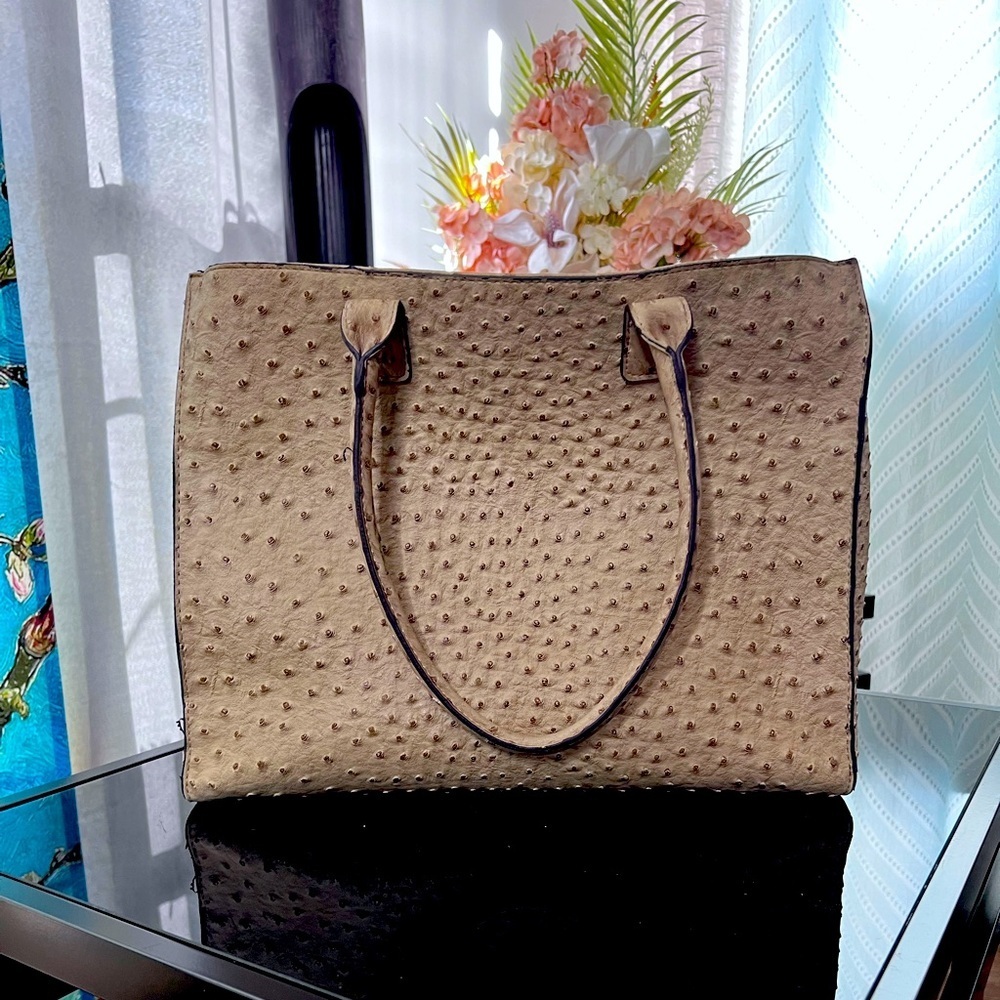 Faux ostrich, cream colored, tote bag.